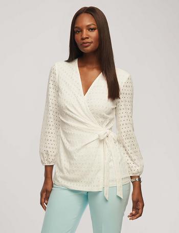 Anne Klein Dot Blonder Blouson Sleeve Wrap Top Toppe Hvide | ADKWC93614