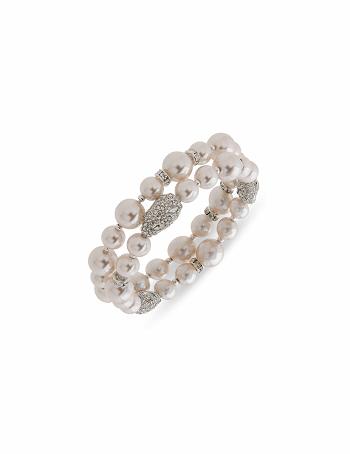 Anne Klein Faux Pearl & Crystal Nuggets Stretch Armbånd Sølv | DKCVG72066