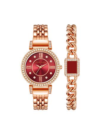 Anne Klein Premium Crystal Watch and Bracelet Sæt Bordeaux Lyserød Guld | XDKGW89731
