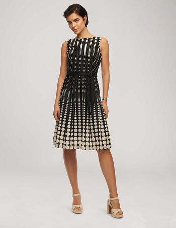 Anne Klein Printed Bomulds Fit & Flare With Sash Kjole Sort Hvide | ZDKMJ61292
