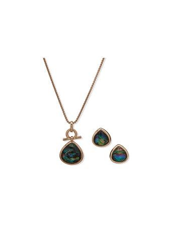 Anne Klein Tear Drop Pendant Necklace and Earring Set in Pouch Smykkesæt Guld Grøn | EDKVG22875